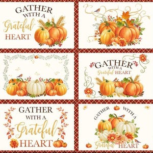 Timeless Treasures Gather with a Grateful Heart Fall Pumpkin Harvest Cotton Placemats Fabric Panel 24&quot; x 43&quot;