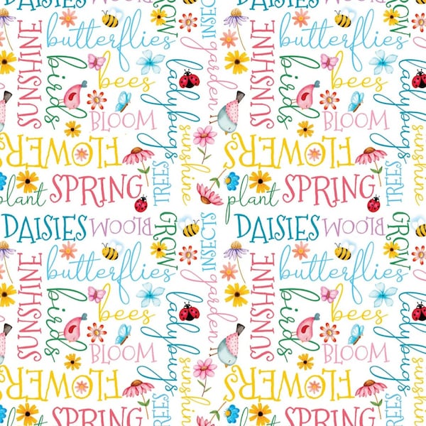 Benartex Sunshine Days by Nicole De Camp Daisies, Butterflies, Lady Bugs, and Bumblebees Spring Text on White Cotton Quilt Fabric