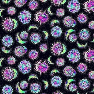 Clothworks Celestial Magic by Laurel Burch Purple Suns and Moons on Black Cotton Quilt Fabric