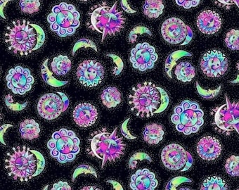 Clothworks Celestial Magic by Laurel Burch Purple Suns and Moons on Black Cotton Quilt Fabric