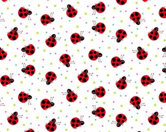 Red and Black Ladybugs on White Comfy Cotton FLANNEL Fabric by A. E. Nathan by the Yard