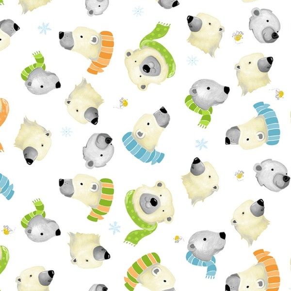 Susybee Burr the Polar Bear Furry Faces on White Cotton Quilt Fabric