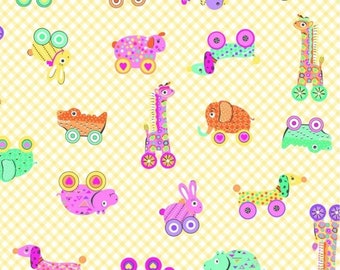 Multicolored Animal Toys on Yellow Comfy Cotton FLANNEL Fabric by A. E. Nathan