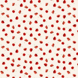 May include: A repeating pattern of red poppy flowers scattered across a cream-colored background. The poppies are in various stages of bloom, with detailed petals and green stems. The overall design is delicate and floral.