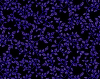 Luminous by Chong A Hwang for Timeless Treasures Metallic Blue Leaves on Black Cotton Quilt Fabric