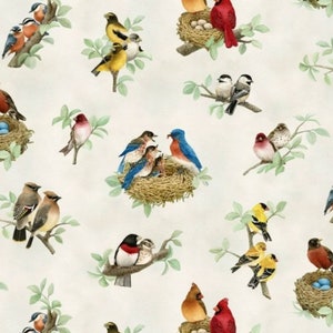 Elizabeth Studio Summer Birds and Nests Cardinal, Bluebird, and Yellow Finch Cotton Quilt Fabric