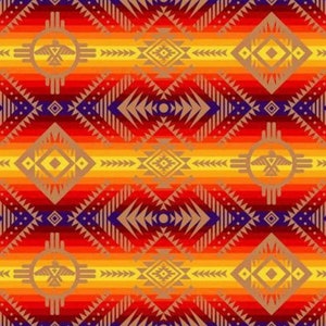 May include: A repeating pattern of geometric shapes in shades of red, orange, yellow, and blue. The pattern includes diamonds, triangles, and lines. The background is a gradient of orange and red.