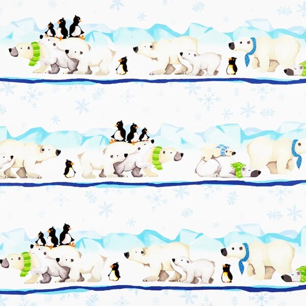 Susybee Burr the Polar Bear Family and Penguin Friends Border Stripe Cotton Quilt Fabric