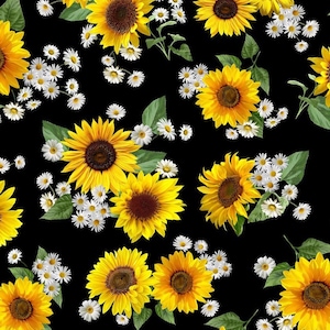 BOLT END 34 INCHES Advice from a Sunflower by Timeless Treasures Yellow Sunflowers and Daisies on Black Cotton Quilt Fabric