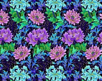 Luminous by Chong A Hwang for Timeless Treasures Metallic Lavender and Blue Flowers on Black Cotton Quilt Fabric