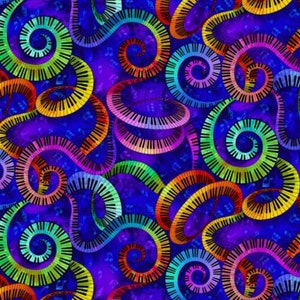 Timeless Treasures Jazz Fusion by Chong A Hwang Rainbow Spiral Piano Keyboard on Blue Cotton Quilt Fabric