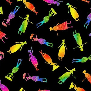 African Sunset by Chong A Hwang for Timeless Treasures Rainbow African Women on Black Cotton Quilt Fabric