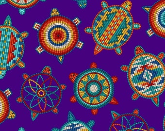 May include: A seamless pattern of colorful beaded turtle designs on a purple background. The turtles are decorated with geometric patterns and bright colors, including red, orange, yellow, green, blue, and white.