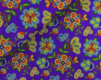 May include: Purple fabric with a repeating pattern of colorful beaded flowers. The flowers are made of small, round beads in shades of red, yellow, blue, and green.