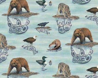 Elizabeth Studio Native Reflections Wildlife Scenes on Aqua Cotton Quilt Fabric