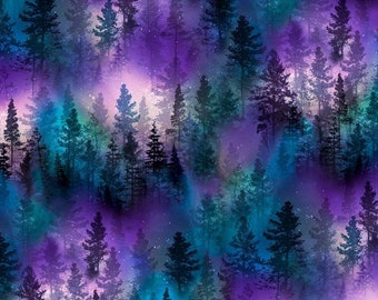 BOLT END 31 INCHES Aurora by Timeless Treasures Dark Night Fog Woods Northern Lights Aurora Cotton Quilt Fabric