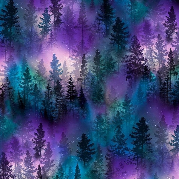 Aurora by Timeless Treasures Dark Night Fog Woods Northern Lights Aurora Cotton Quilt Fabric