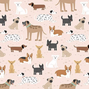 Various Dog Breeds on Beige Comfy Cotton FLANNEL Fabric by A. E. Nathan