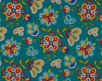 May include: Teal fabric with a repeating pattern of colorful beaded flowers. The flowers are made of red, yellow, blue, and white beads. The background is a solid teal color.