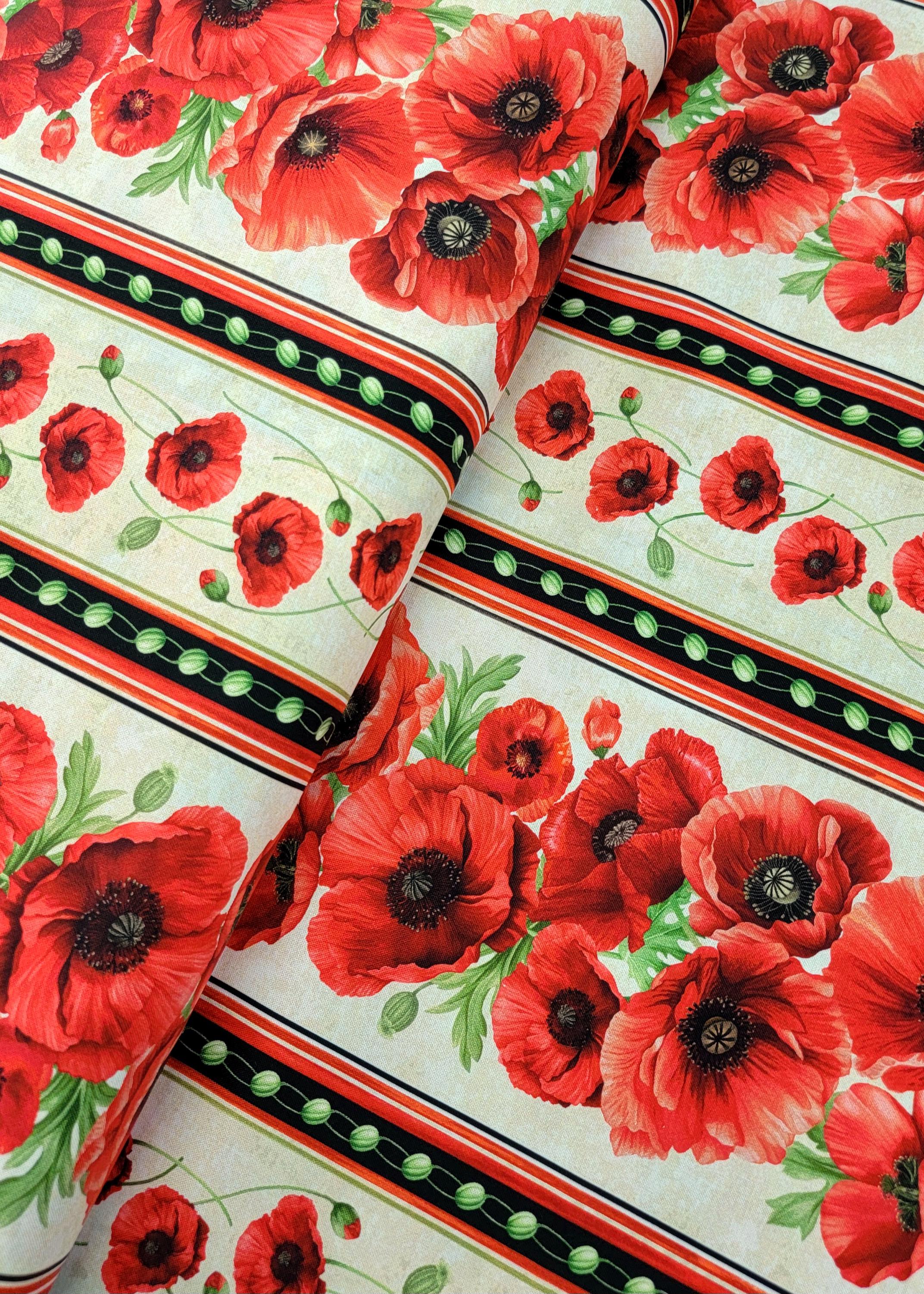 Timeless Treasures Poppy Passion Red Poppy Flower Border Stripe Cotton ...