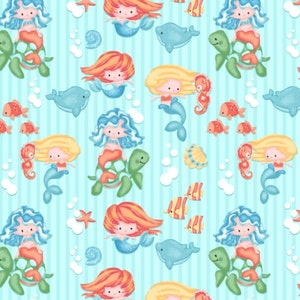 Mermaid and Sealife Friends on Turquoise Comfy Cotton FLANNEL Fabric by A. E. Nathan