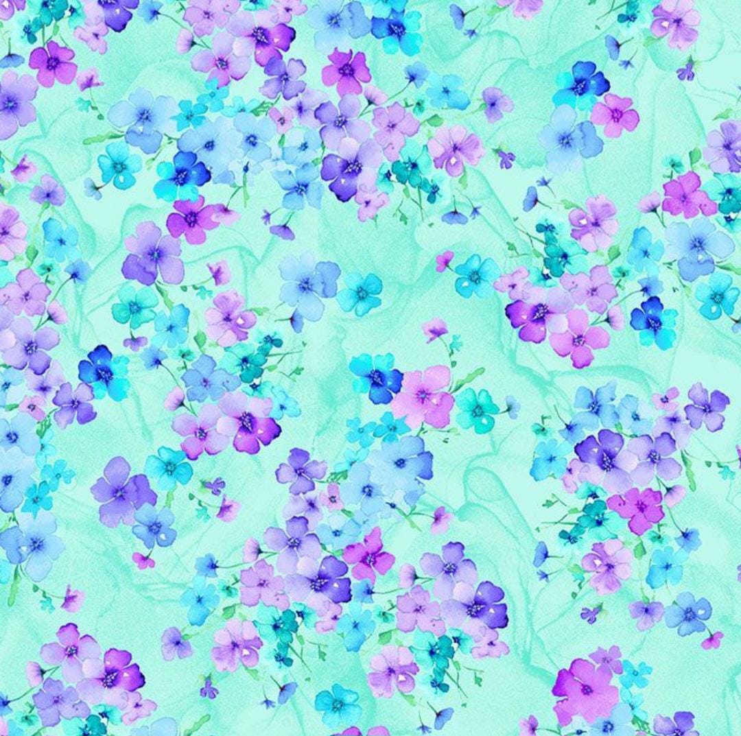 Bellagio by Timeless Treasures Small Blue and Purple Flowers on Aqua ...