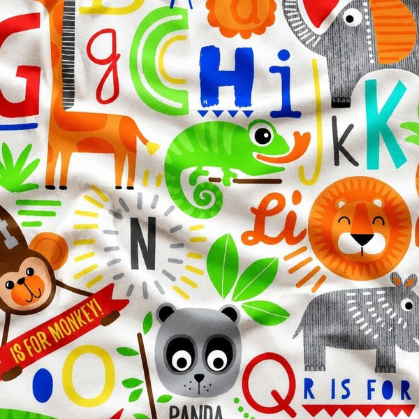 Cute Animal Alphabet Flannel Fabric by the Yard, ABC Safari Print, Jungle Zoo Cotton Flannel, Nursery Sewing Fabric, Baby Quilt Material