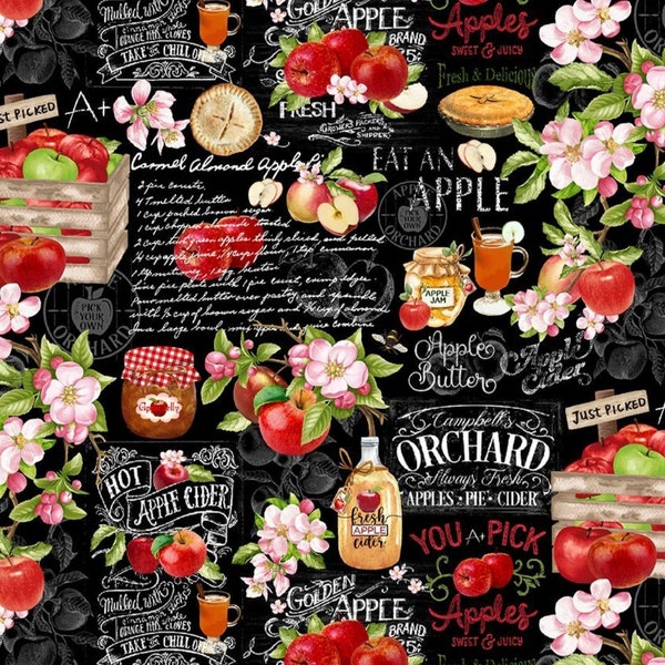 Orchard Valley by Timeless Treasures Apple Farm Chart on Black Cotton Quilt Fabric