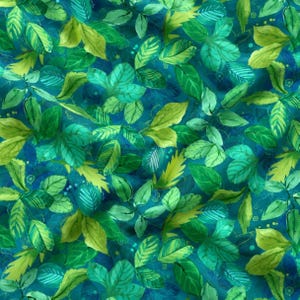 May include: A fabric featuring a dense, overlapping pattern of leaves in various shades of teal, emerald green, and lime green. The design includes hand-drawn style lines on the foliage, set against a deep blue background with small dots.