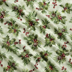 Hoffman Christmas Holly & Pine Fabric by the Yard, Watercolor Holiday Evergreen Branches, Red Berries and Pinecones, Winter Wonder Material