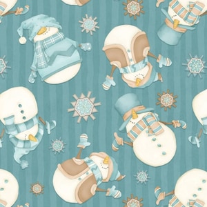 May include: A seamless pattern featuring cartoon snowmen with blue and brown accents on a teal blue background with white stripes. The snowmen are wearing hats, scarves, and mittens. There are also snowflakes scattered throughout the pattern.