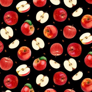 BOLT END 35 INCHES Orchard Valley by Timeless Treasures Apples and Apple Slices on Black Cotton Quilt Fabric