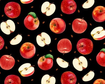 BOLT END 35 INCHES Orchard Valley by Timeless Treasures Apples and Apple Slices on Black Cotton Quilt Fabric