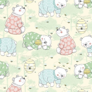 Sleepy Bears on Green and Yellow Comfy Cotton FLANNEL Fabric by A. E. Nathan