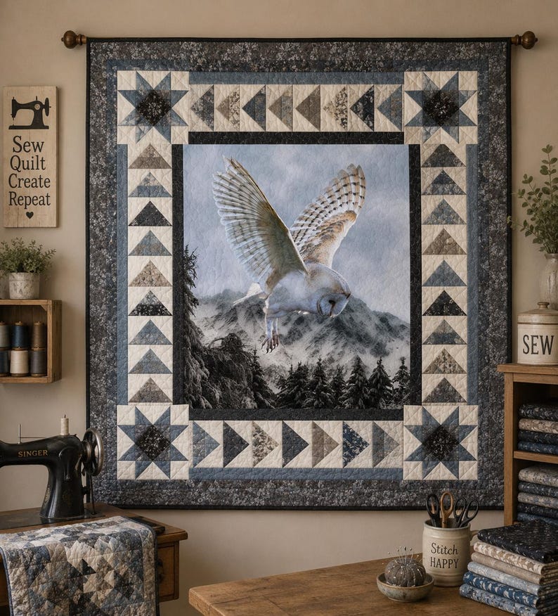 May include: A square wall quilt featuring a central printed panel of a white owl in flight over a mountain landscape. The border consists of pieced star blocks in the corners and rows of blue, gray, and white triangles surrounding the center.