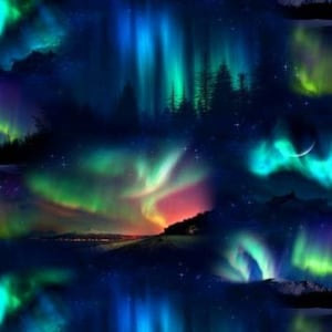 Elizabeth Studio Landscape Medley Dark Night Northern Lights Aurora Borealis Cotton Quilt Fabric