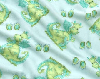 Cute Baby Dragon Flannel Fabric, Aqua Blue Green Nursery Print, Whimsical Dragons, Soft Cotton Flannel for Sewing Quilting Crafts