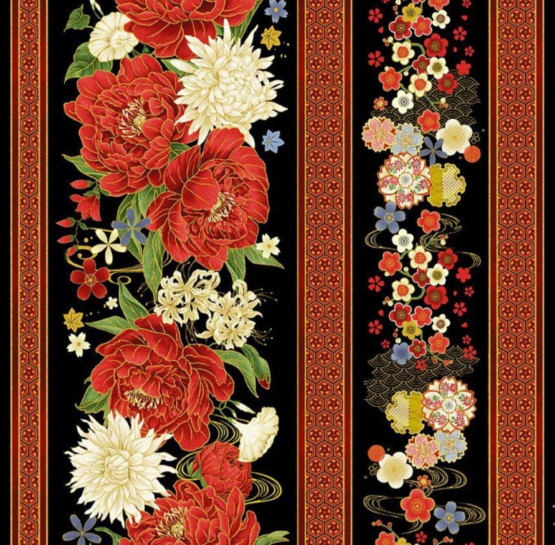 Timeless Treasures Lotus Garden Metallic Flower Border Stripe Cotton ...