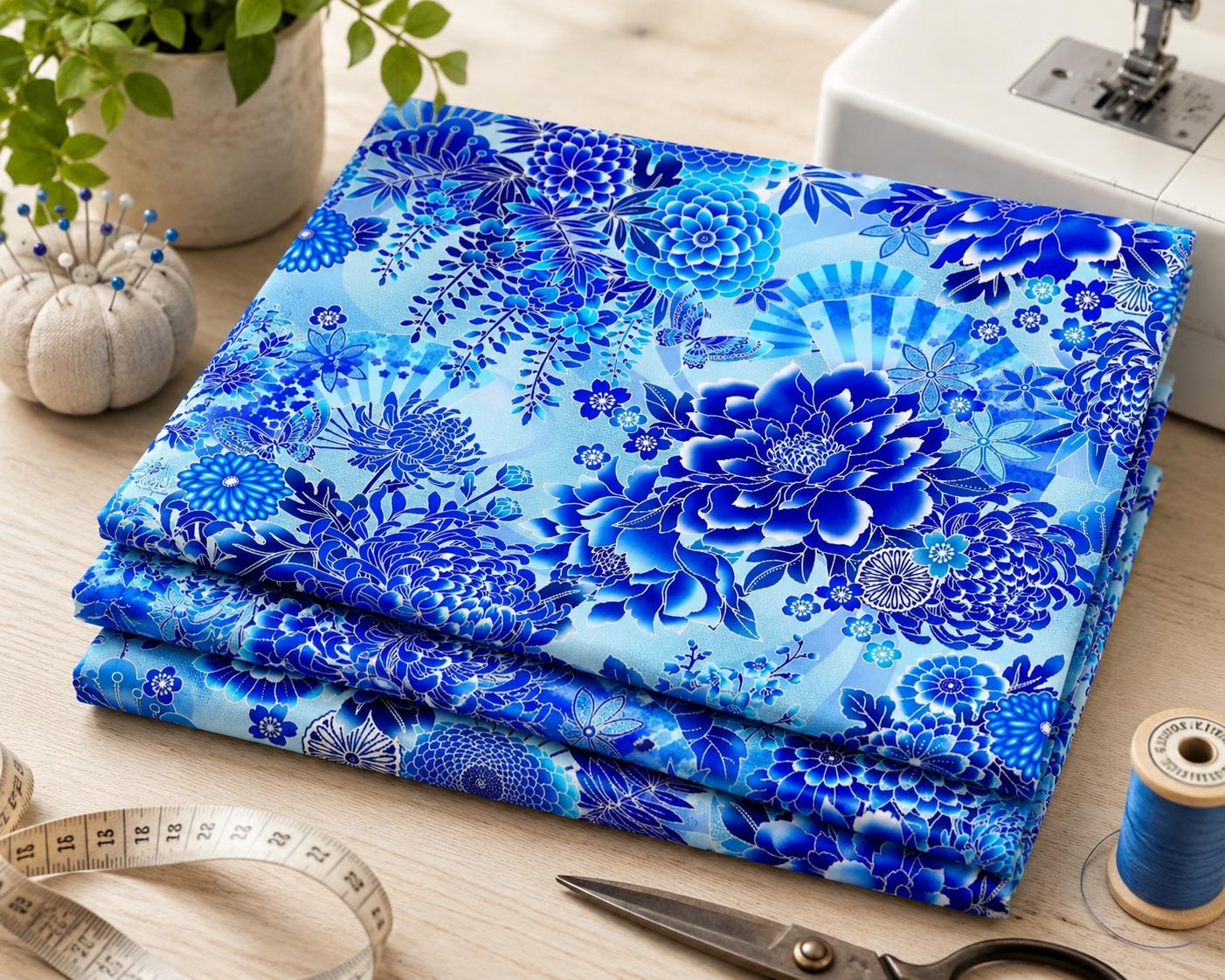 Oasis Fabrics Asian Garden Fabric, Blue Floral Japanese Fan Cotton