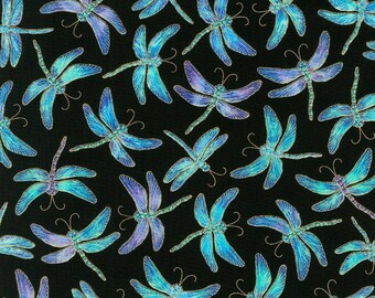 Timesless Treasures Blue and Green Metallic Dragonflies on Black Cotton Quilt Fabric