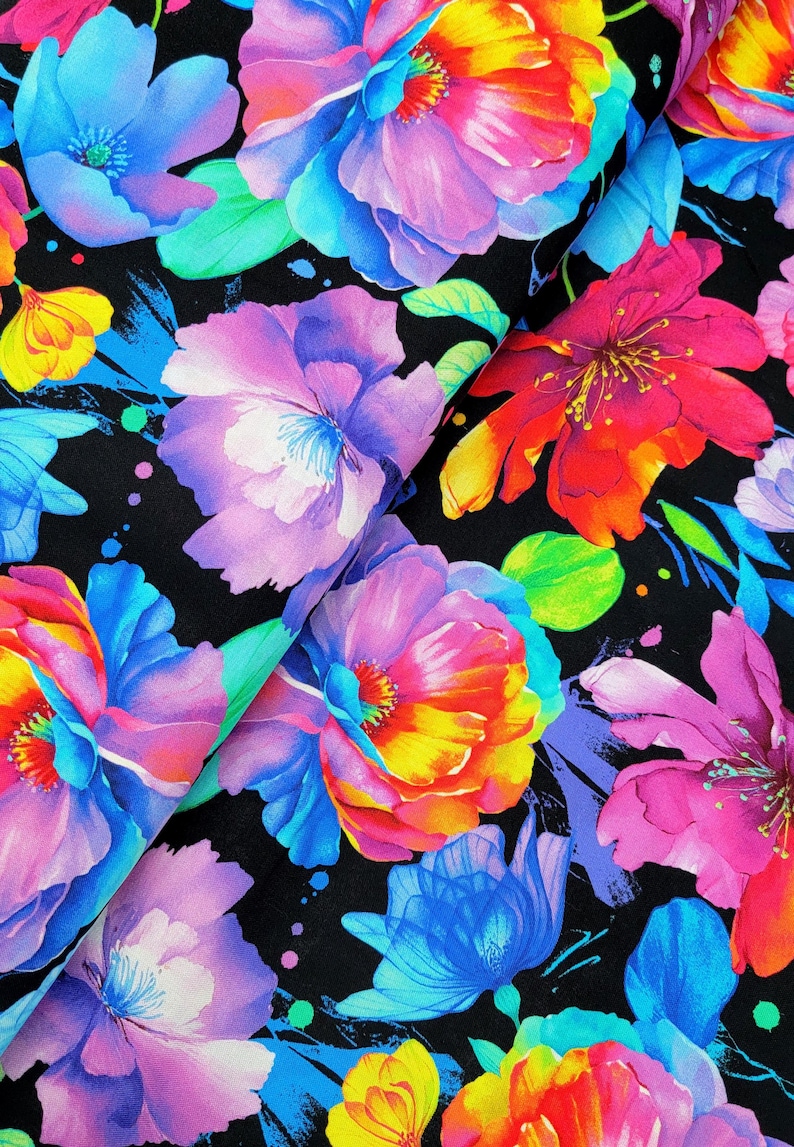 Petal Power by Timeless Treasures Rainbow Flowers on Black Cotton Quilt ...