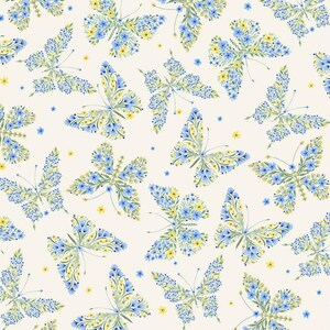 May include: A seamless pattern featuring blue and yellow butterflies made of flowers on a white background.