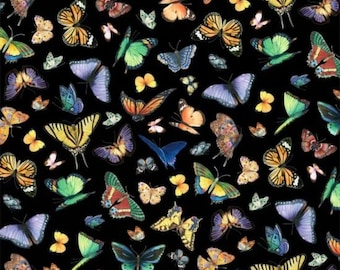 Elizabeth Studio Delicate Creation Butterflies on Black Cotton Quilt Fabric