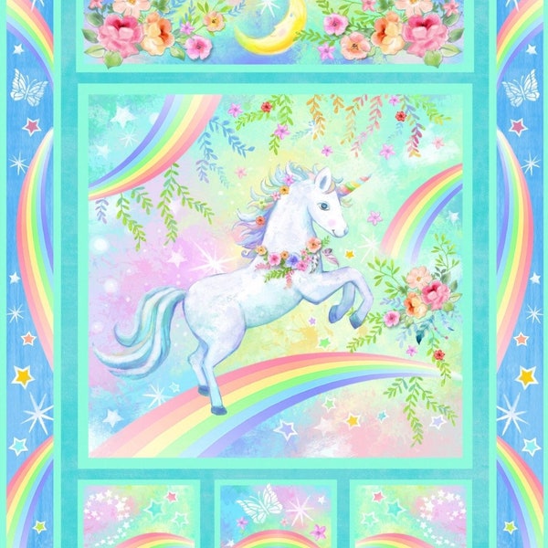 Wee Ones by Oasis Rainbows, Unicorn, and Flowers Cotton Quilt Fabric Panel 35" x 43"