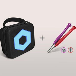 May include: Black zippered case with a light blue geometric design, plus two precision screwdrivers, one purple and one red. The screwdrivers have a Y and a + symbol.