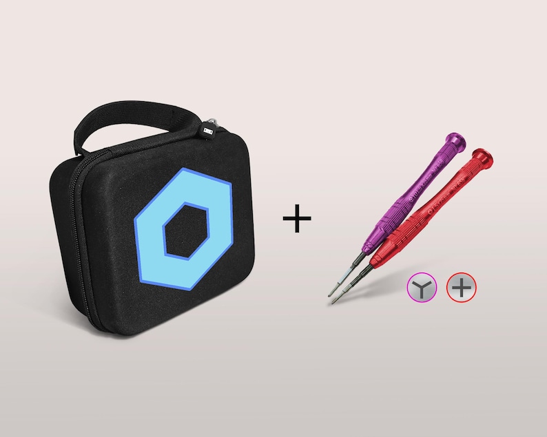 May include: Black zippered case with a light blue geometric design, plus two precision screwdrivers, one purple and one red. The screwdrivers have a Y and a + symbol.