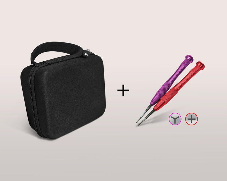 May include: Black zippered carrying case with a handle, plus two precision screwdrivers, one purple and one red. The screwdrivers have different tip styles, indicated by the symbols next to them.