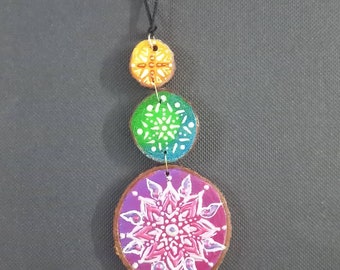 Necklace Chakra colours Unique Mandala designs Handpainted wood slice pendant Three wood slice layers Quirky Wooden Birthday gift.