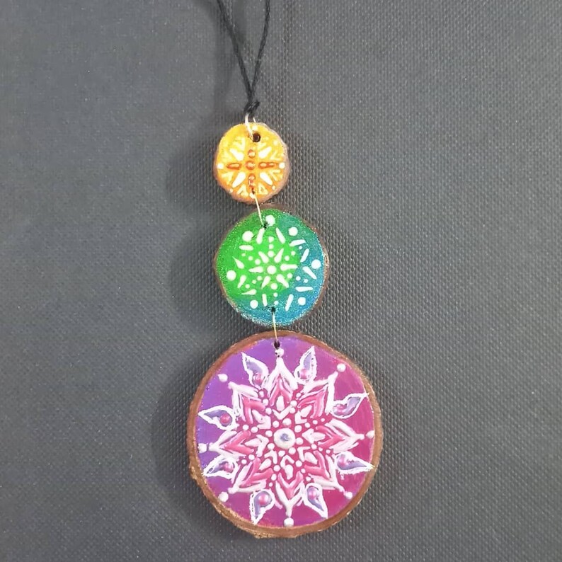 Necklace Chakra colours Unique Mandala designs Handpainted wood slice pendant Three wood slice layers Quirky Wooden Birthday gift.