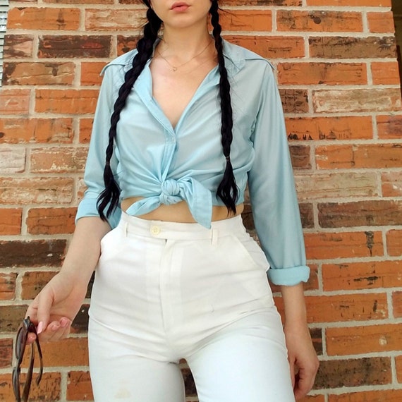 Vintage 60s / 70s baby blue long sleeve button do… - image 1